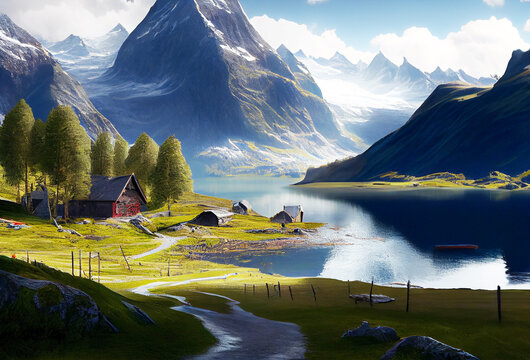 Norway landscape with lake and mountains on background. Generative AI Art. Beautiful view.