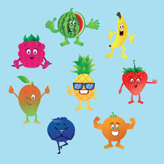 Cool cartoon fruits. Watermelon, pineapple, banana, raspberry, strawberry, blueberry, orange, mango. Vector illustration