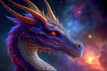 dragon on the background of the starry sky 3d illustration. Generative AI © mila103