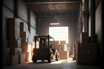Naklejka premium Forklift with box working in industrial Warehouse premises for storing materials and premise. Concept center of logistic storage. Generation AI