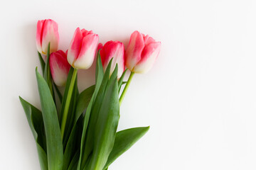 Fototapeta premium Pink tulip flowers bouquet on white background. Flat lay, top view. Selective focus. Shallow depth of field