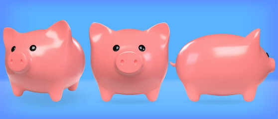 Vector render of a piggy bank. Realistic set of pink symbol of profit and growth