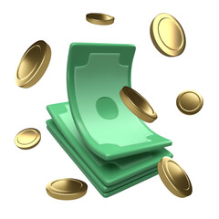 Money. 3d render of realistic vector icon of paper dollars and coins