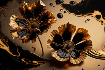 Two beautiful black, white and golden flowers on a marple background. Wallpaper for wall frames. Generative AI