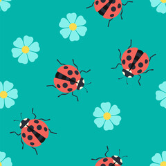 Fototapeta premium Ladybugs and flowers on blue background. Vector seamless spring pattern. Cartoon flower illustration.