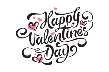 Fototapeta na wymiar Happy Valentine's Day Text Design, Vector Black and white, Handwriting, Banner With Pink Heart