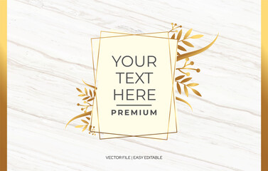 Premium gold white nature frame for luxury vector. Your text here golden frame, Golden flower line art style design for wall art, greeting cards, wallpaper, cover page marble printing