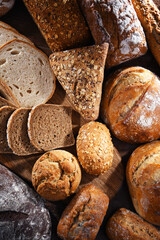 Assorted bakery products including loafs of bread and rolls
