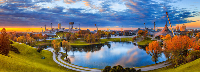 Autumn cityscape, panorama, banner - view of the Olympiapark or Olympic Park located in the...