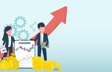 Business professionals analyze market trend to make strategic decisions. Financial strategies, investments and financial success. Vector illustration Eps 10.