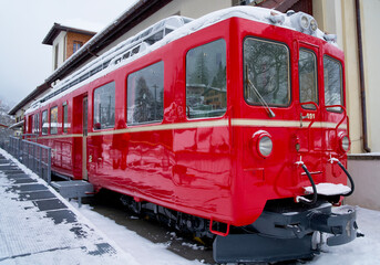 Obraz premium Locomotive of a historic red swiss train of the albula express railway