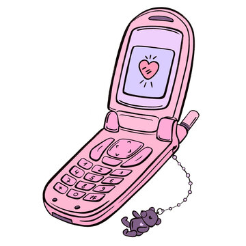 Cute retro illustration of a pink flip phone with a heart on the screen, a phone with a keychain bear, retro aesthetic. Glamour of the '90s and '00s. Raster illustration, hand-drawn in isolation 
