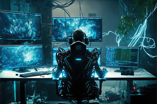 futuristic room, a man sitting in a chair with a neural headphone monitors several monitors and led in the dark room.