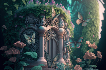 Enchanted garden with fragrant flowers, fluttering butterflies, and whimsical sculptures, generative ai