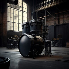 Fototapeta na wymiar Rhythm in the Ruins: A Modern Drumkit in an Abandoned Factory