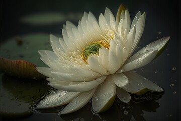 Aquatic plant, white water lily Nymphaea alba in a lake, under raindrops, created with Generative AI technology. Close-up. - obrazy, fototapety, plakaty