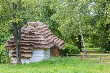 Small wooden house with thatched roof in Nowy Sacz, Poland