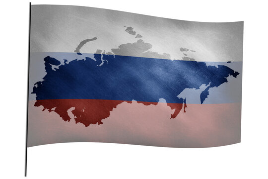 The waving flag of Russia on a flagpole with the geographical border