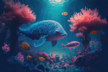 Fototapeta na wymiar Surreal underwater world with vibrant sea creatures, coral reefs and crystal clear water, generative ai