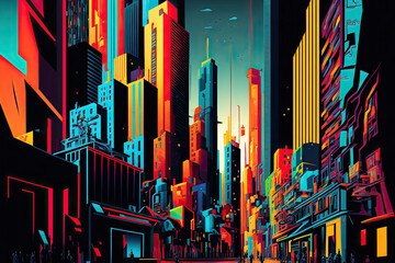 Vibrant abstract cityscape with towering buildings and lively streets, generative ai