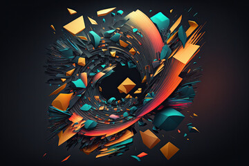 Vibrant geometric shapes in motion against dark background, generative ai