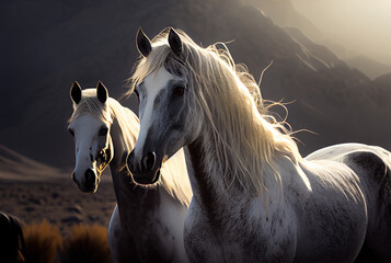 Wild horses with mountains in background created with AI