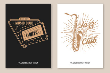 Music club logo, badge, label. Retro poster, banner with saxophone, audio cassette tape, vintage typography design for t shirt, emblem, logo, badge design. Vector illustration. Equipment for listening