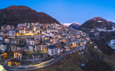 Panoramic aerial view of Italian town during night, Premana, Lecco, Lombardy, Italy