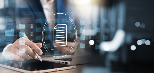 Document management system concept, businessman modern computer document management (DMS), folder...