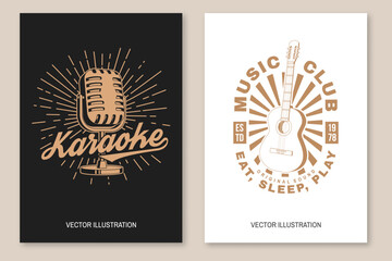 Karaoke party poster, banner. Retro microphone with sunburst and classical acoustic guitar vintage typography design for t shirt, emblem, logo, badge design. Vector illustration.
