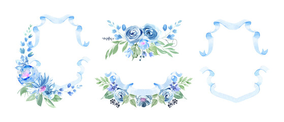 Fototapeta na wymiar Frames and borders from ribbons and flowers. Festive frames for children's party, wedding cards and invitations. Blue ribbons and flowers. Pink ribbons and flowers. Monogram, watercolor clipart