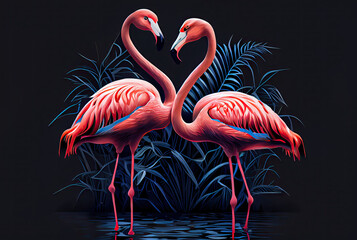 Two flamingos standing in the water, blue background created with AI