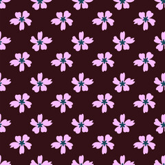 Vibrant seamless vector pattern of pink flower on dark brown background for wrapping and printing