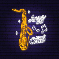 Jazz club neon poster, banner. Neon sign, emblem, bright signboard, light banner with retro saxophone. Vector illustration. Advertising bright neon for night club. Design template