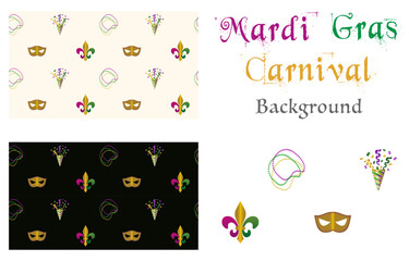 Fototapeta na wymiar Mardi Gras Carnival Seamless pattern collection Fleur de lis, masquerade mask, beads and fireworks Wallpaper decor Isolated vector pattern on light beige background and black background 