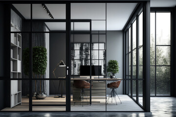 Modern elegant Office with plants vegetation and big glas window front - generated with AI