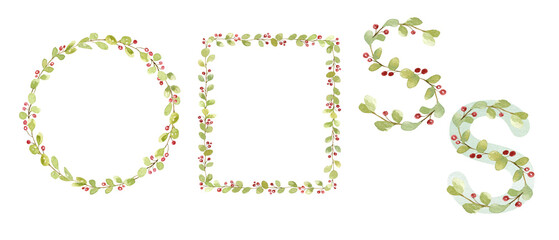 Watercolor floral letters, foliage alphabet, hand-drawn floral watercolor alphabet. Floral capital letter, logo design, monogram. Green leaves letters, greenery frame