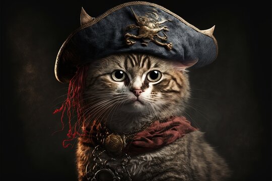 cat pirate captain wearing a tricorn hat illustration generative ai