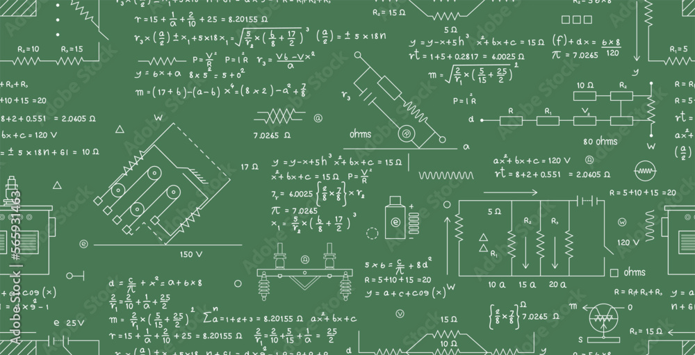 Wall mural scientific formulas for electrical calculations and circuits written on chalkboard seamless pattern.