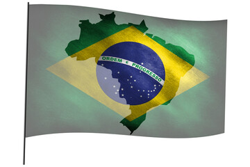 Fototapeta na wymiar The waving flag of Brazil on a flagpole with the geographical border