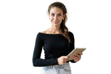 A beautiful woman in the office doing online work using a laptop in the office workplace, isolated transparent background.