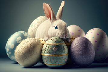 A cute white bunny rabbit surrounded by Easter eggs on a gray blue background. Created with Generative AI.