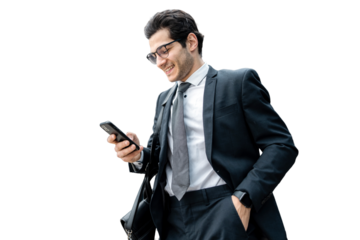The director is a man in a business suit using a phone to surf the Internet, isolated transparent background.