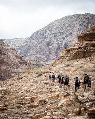 Fototapeta na wymiar hikers in the beautiful mountainous landscape of Jordan