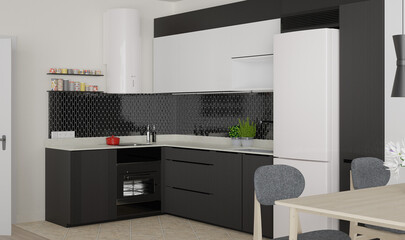 Corner view black and white  kitchen interior 3D rendering