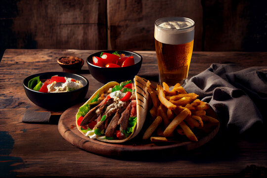 Gyros (in some regions as a gyro, doner kebab, a shawarma), fries and a glass of cold fresh beer