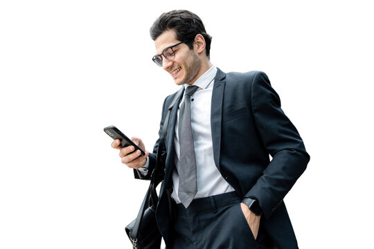 The director is a man in a business suit using a phone to surf the Internet, isolated transparent background.