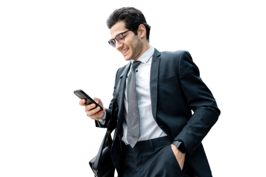 The director is a man in a business suit using a phone to surf the Internet, isolated transparent background.