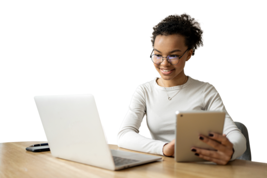 Positive young female student education online using laptop and computer, isolated transparent background.