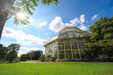 Fototapeta na wymiar DUBLIN, IRELAND - AUGUST 4, 2022: A glasshouse of The National Botanic Gardens in Dublin, Ireland in a sunny day with blue sky.